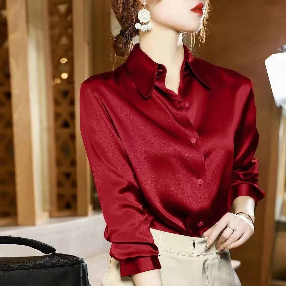 2024 Summer Trend Fashion Womens Casual Elegant Satin Long Sleeved Shirt Office Shirts And Blouses Slim Femal Clothes 241121