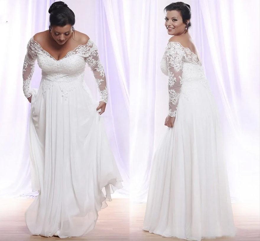 Long Sleeves Plus Size Wedding Dresses With Deep V-neck Applique Beach country Wedding Gowns Off The Shoulder Bridal Gowns Vestido De Novia Gown A1029