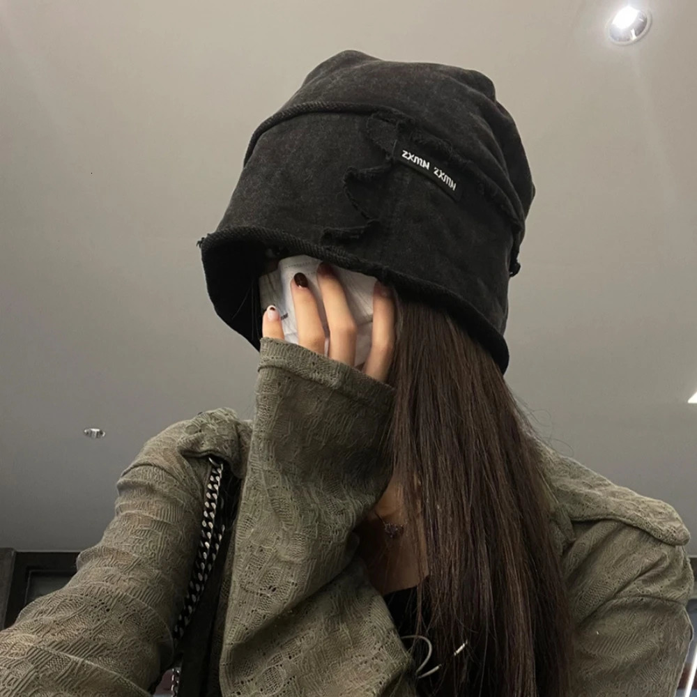 Unisex Fashion Beanies Skullies Big Head Circle Vintage Washed Bowler Hat Solid Color Cotton Elastic Bonnet Hip Hop Beanie 241125