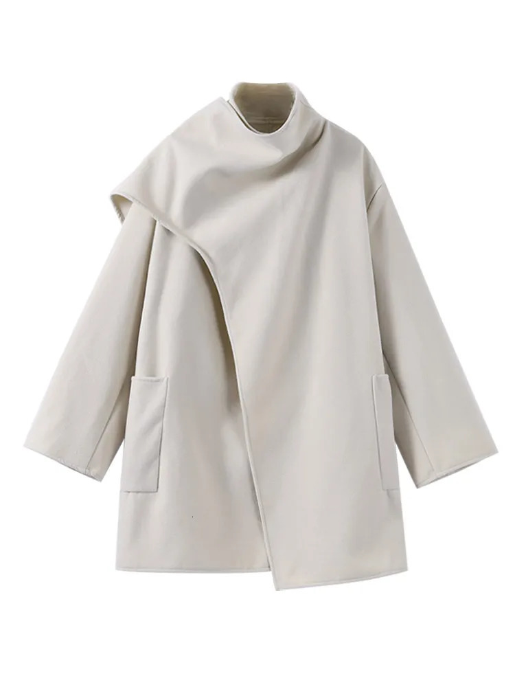 Elegant Scarf Collar Coat for Women Fashion Loose Long Sleeve Warm Jacket 2024 Autumn Winter Pocket Female Thick Outwear Street 241129