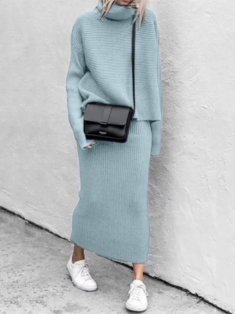 Solid Color Knitted Skirts Two Piece Set Women Winter Knitting Turtleneck Sweater Slim Skirt 2 Sets Lady Trendy Streetwear 241129