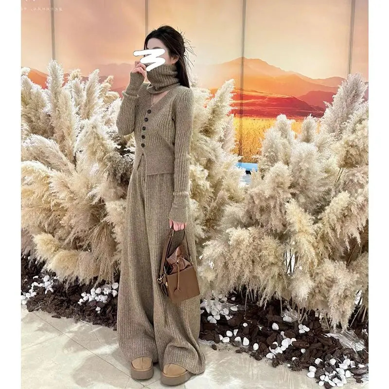 Stylish Temperament Set for Autumn and Winter Knitted Cardigan High Waisted Straight Leg Pants Scarf Casual Three Piece 241129