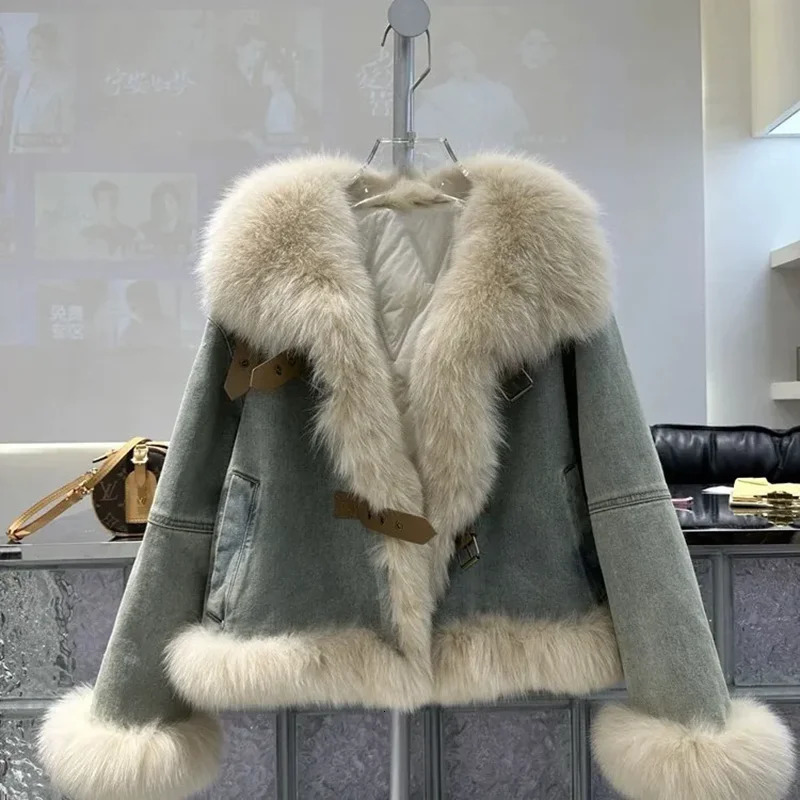 Large Fur Collar Denim Jackets Women Outwear Duck Down Liner Down Jacket Sort Motorcycle Jacket 2024 Winter Thick Warm Parka 241126