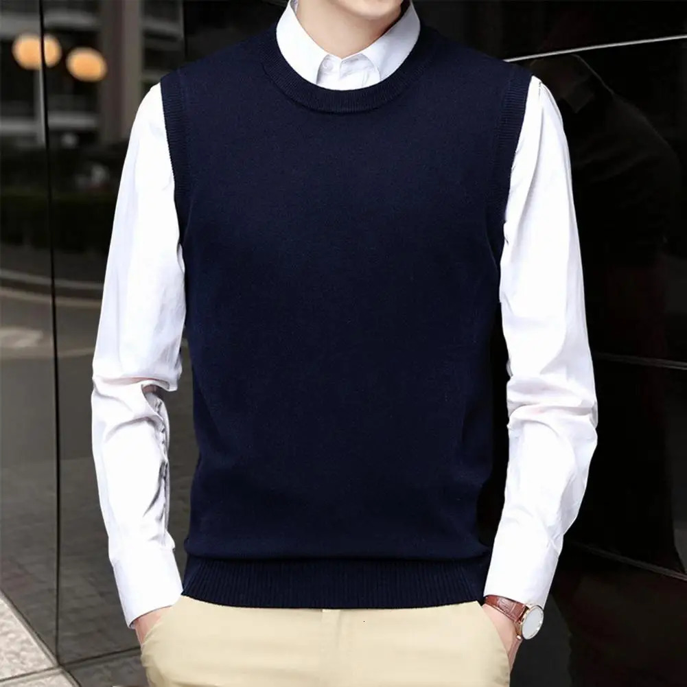 Men Fall Winter Top Vest Sleeveless Round Neck Knitted Elastic Pullover Warm Casual Bottoming Sweater 241129
