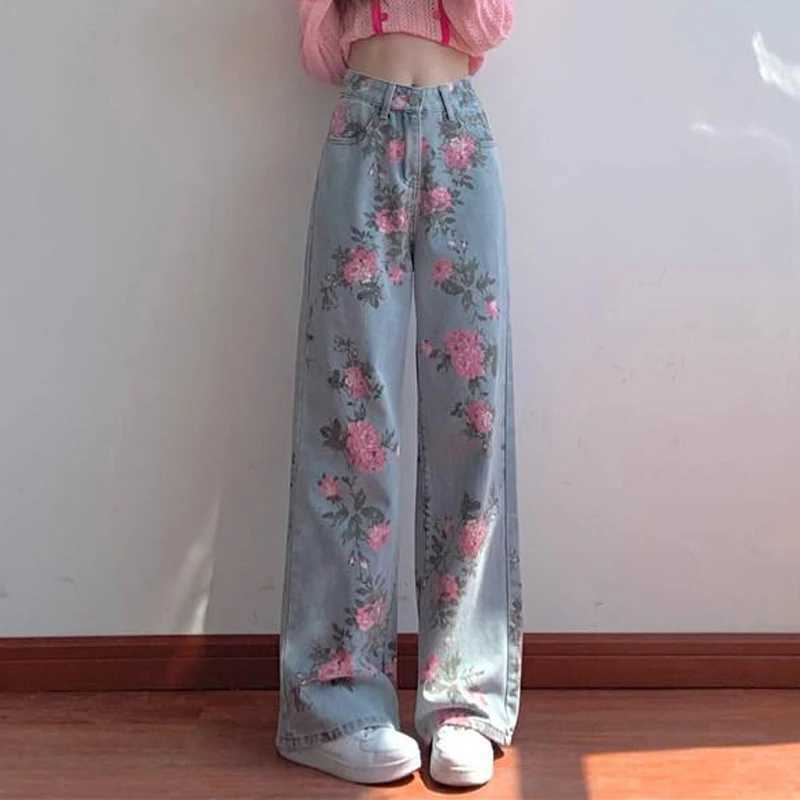 Women's Jeans Womens retro rose flower print chic Harajuku jeans Korean casual T-shirt denim high waist straight wide leg mens style H241130