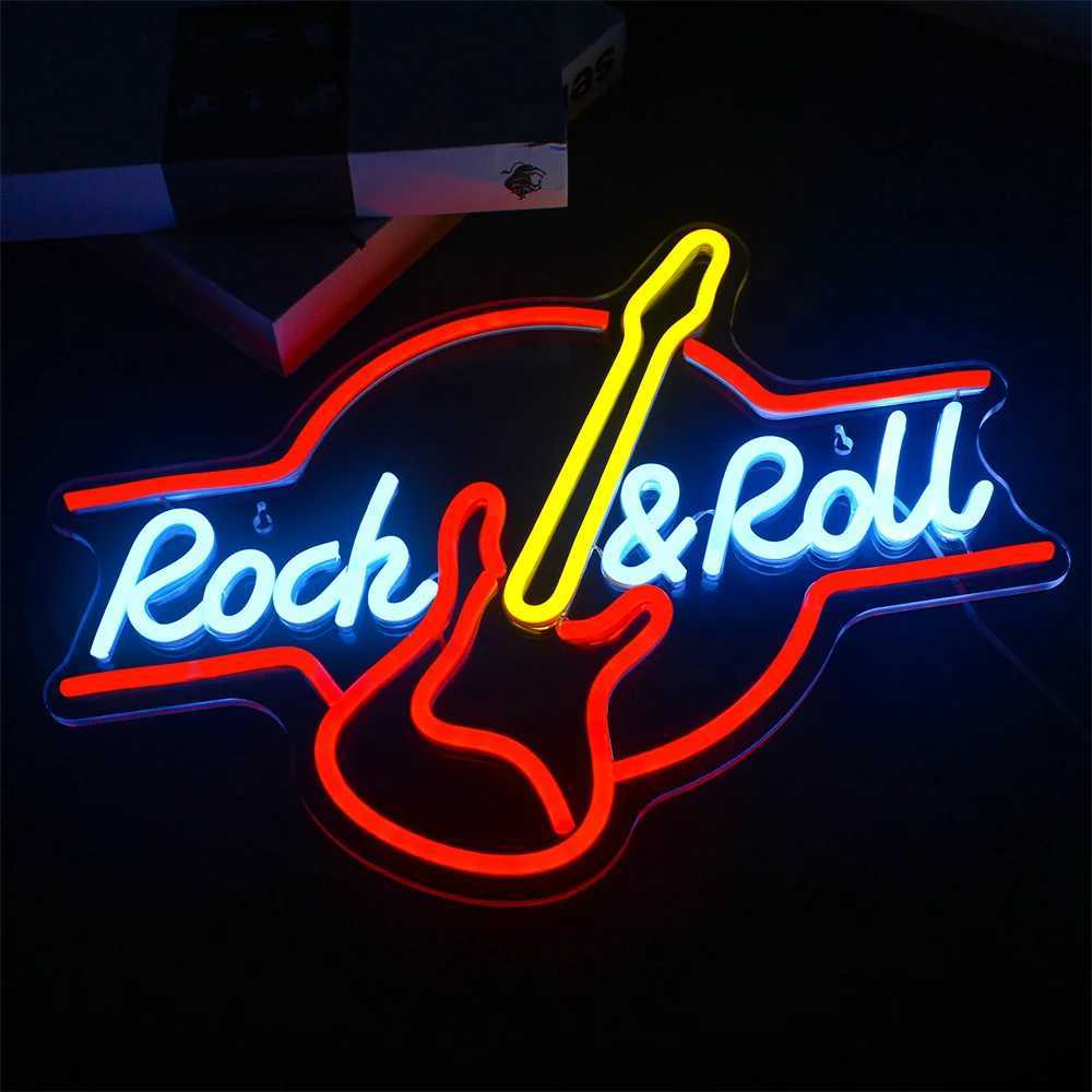 Rock Roll Neon Signs Guitar Music Led Neon Light Art Wall Decor for Game Room Music Party Rock Studio Bar Disco Party Neon Z241130