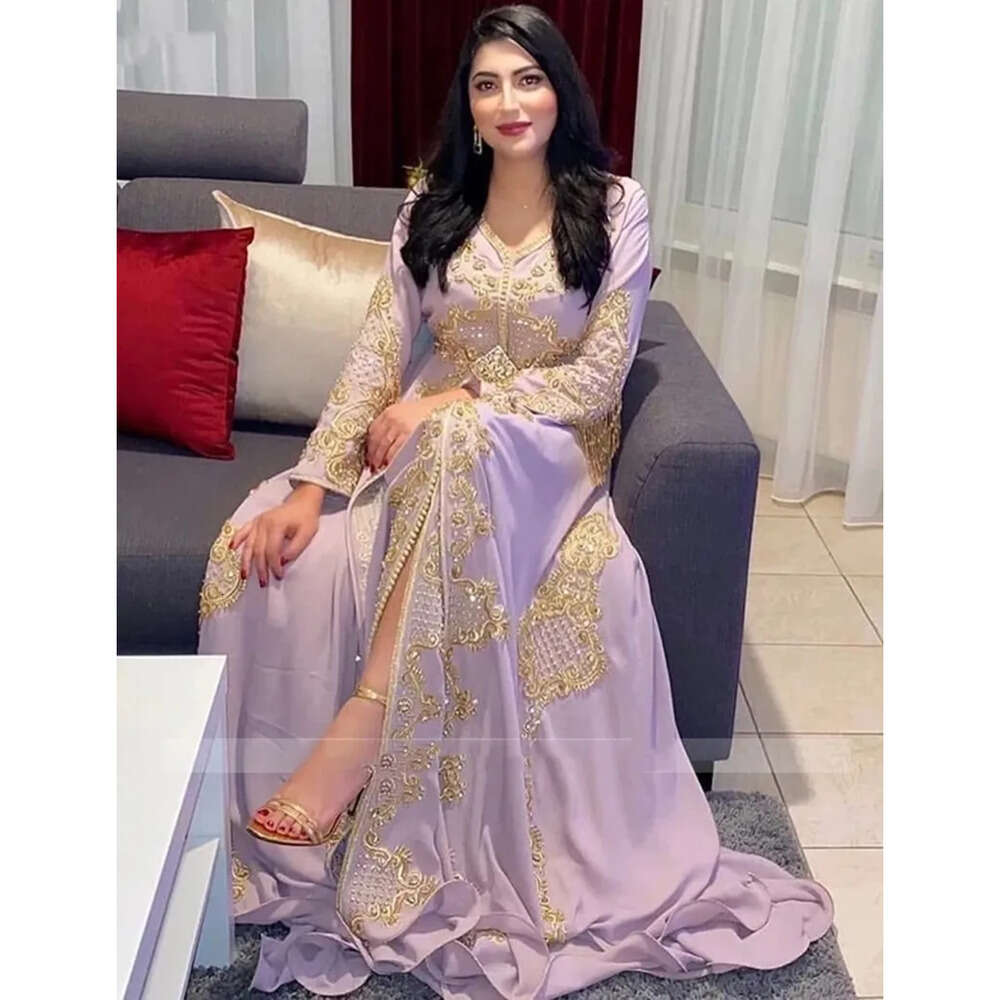 Muslim Evening Lilac Dresses Lavender Beaded Lace Dubai Caftan Long Sleeve Prom Vestidos Formales Robe Soiree De Mariage 6660306