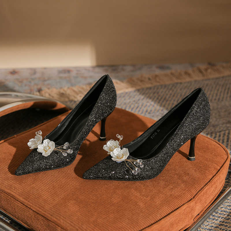 Fashion Glitter New Womens High Heels Thin Heels Pointed Wedding Shoes Classic Shoe Flower Versatile Single Shoes