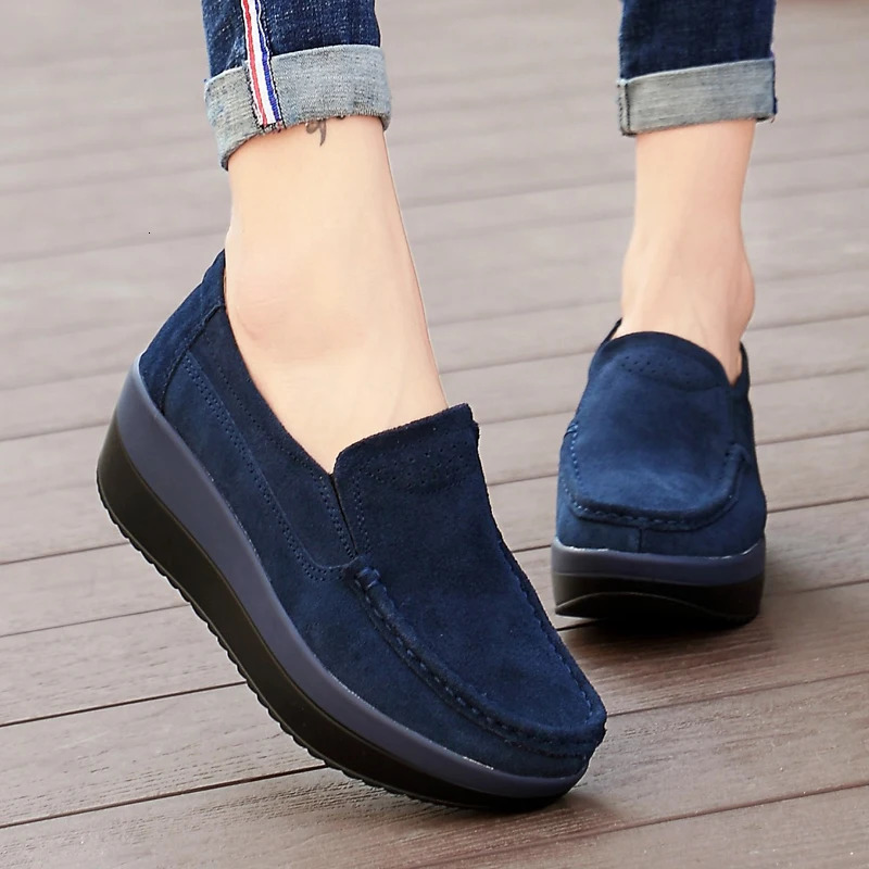 Women Flat Platform Loafers Ladies Elegant Suede Leather Moccasins Shoes Woman Slip On Moccasin Womens Blue Casual 241126