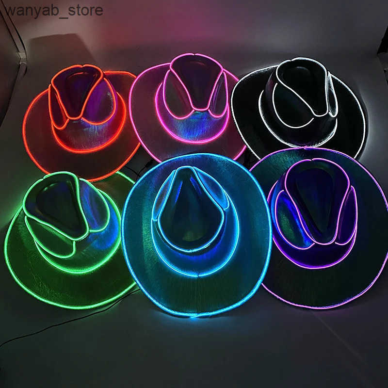Wide Brim Hats Bucket Western LED Cowboy Hat Cowgirl Retro Light Jazz Top Glowing Bride Cosplay Costume Suit For Women Men L240910