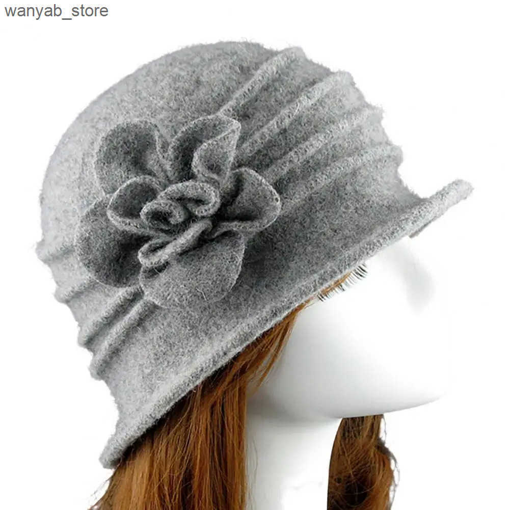 Wide Brim Hats Bucket Hats New in WomenS hat Flower Decor Wide Brim Round Dome Woolen Hat Middle Aged Ladies Bucket Hat Dropshipping L240910