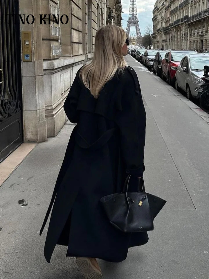 Fashion Solid Woolen Womens Coats With Belt Lapel Full Sleeve Double Breasted Loose Long Overcoat 2024 Autumn Lady Outwears 241121