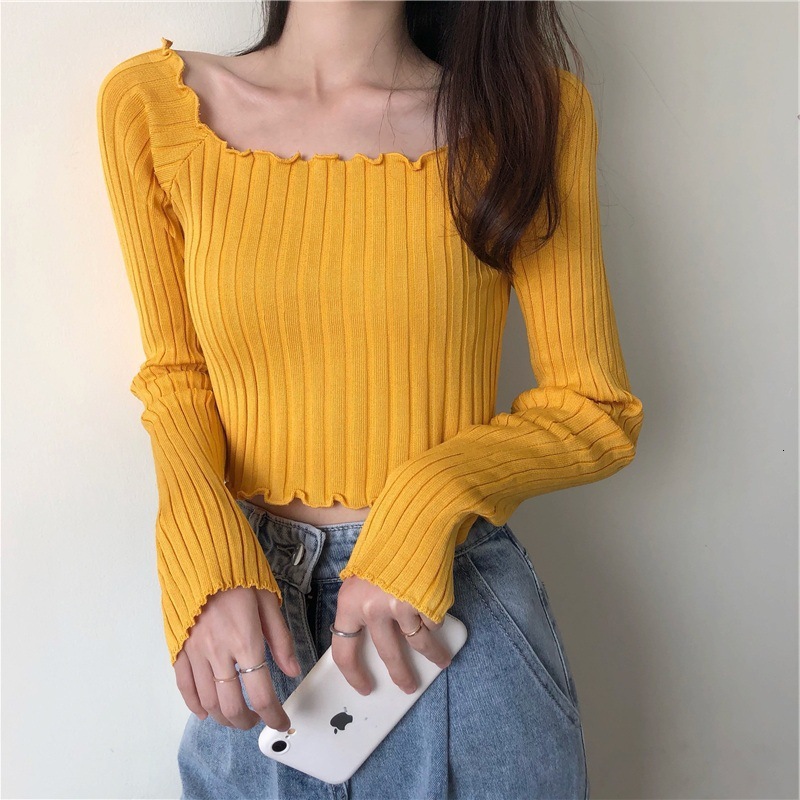 New mushroom edged slim fit single shoulder exposed navel women's T-shirt short sleeved sweater long sleeved top designer sweater