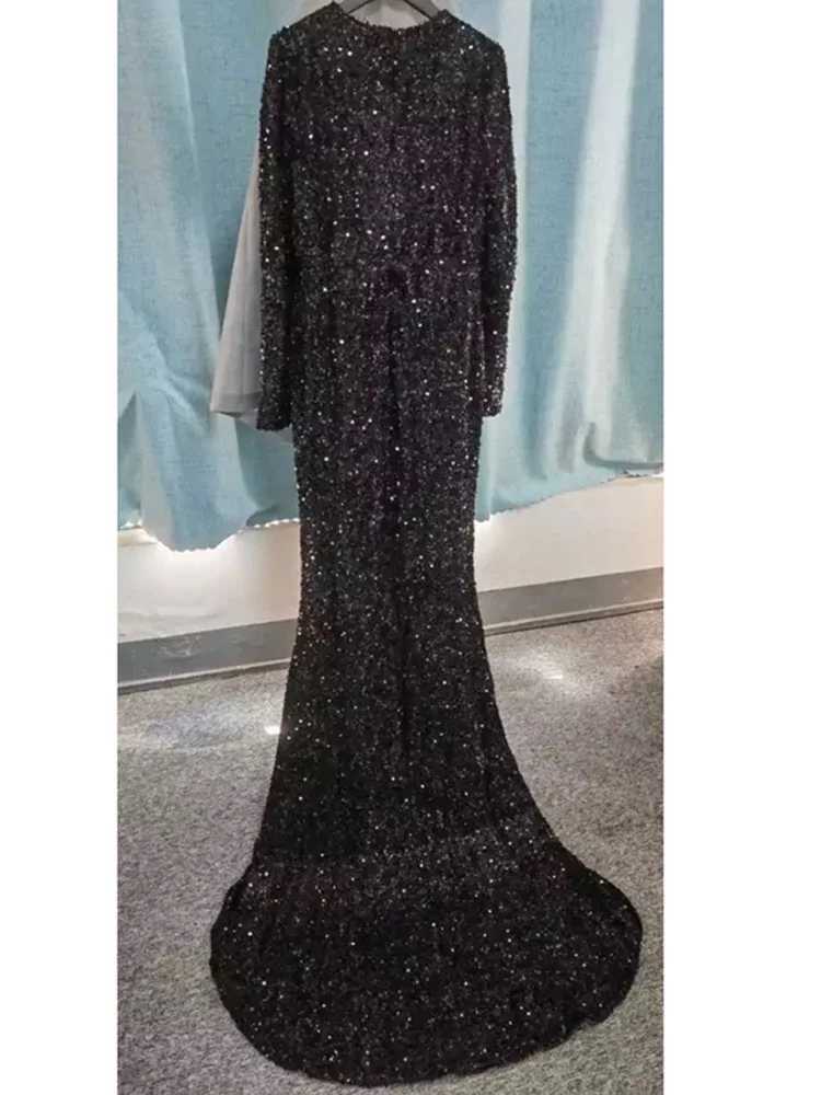 Runway Dresses Stretch Sequined Maxi Dress Full Slve V Neck Mermaid Evening Night Long Party Dress Grey Black Burgundy
