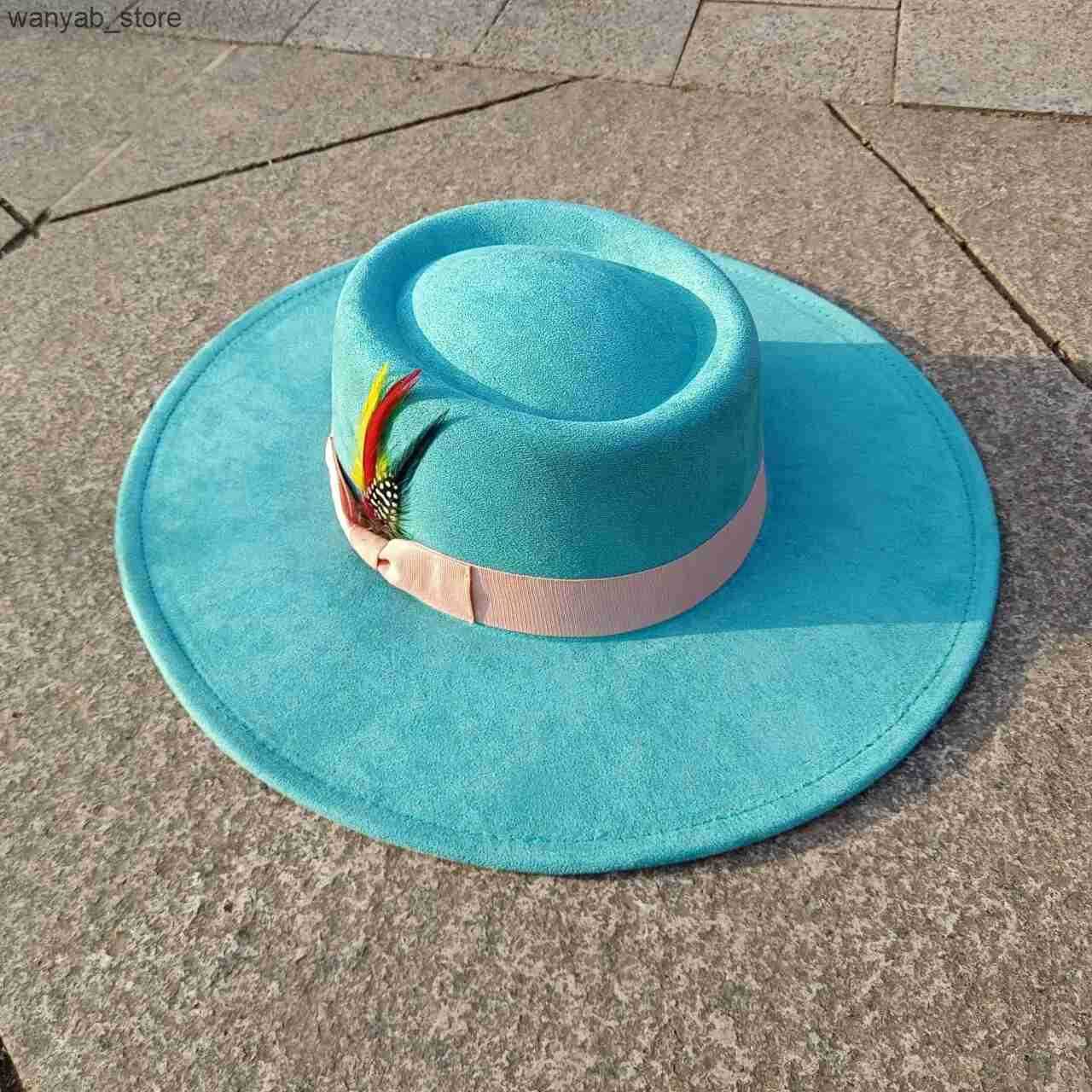 Wide Brim Hats Bucket Hats sombrero mujer fedora hat 9.5cm brim bow webbing feather accessories jazz hat men and women nubuck leather L240910