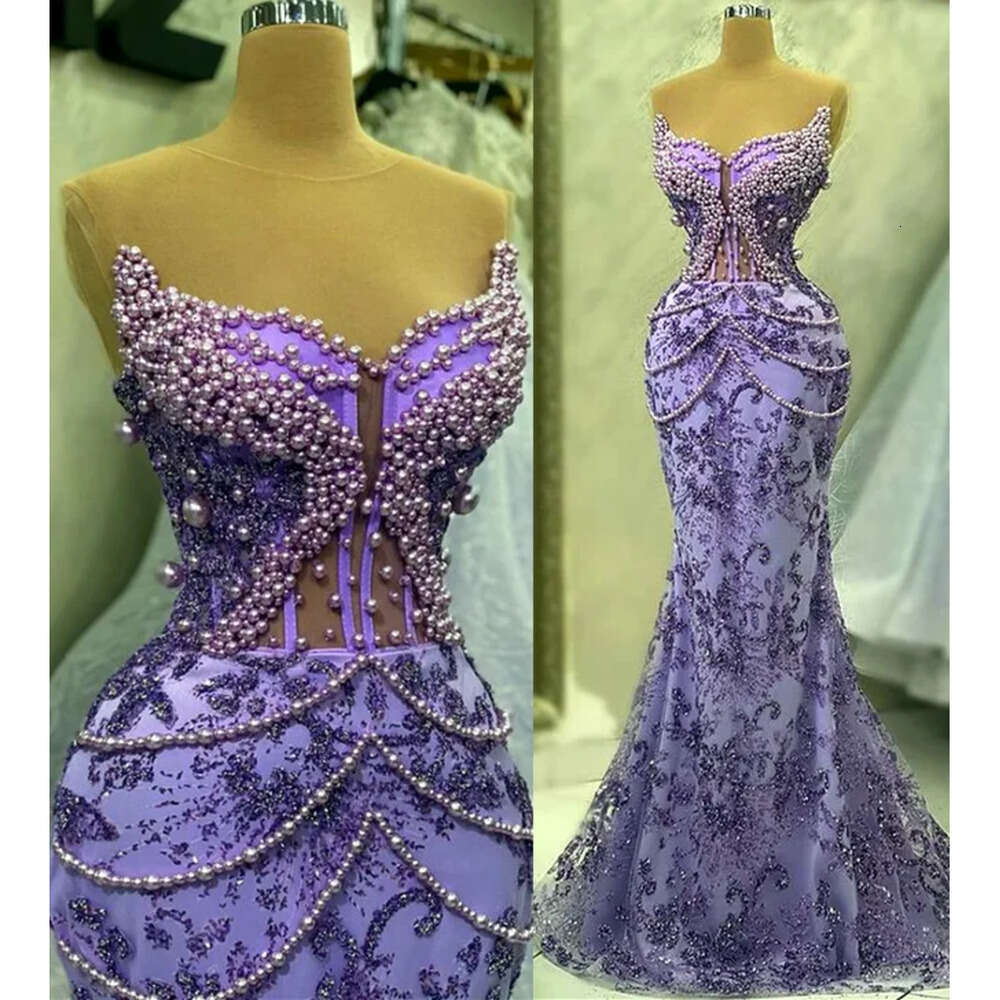 Mermaid Aso Lavender April Ebi Prom Dress Pearls Sequined Lace Evening Formal Party Second Reception Birthday Engagement Gowns Dresses Robe De Soiree 