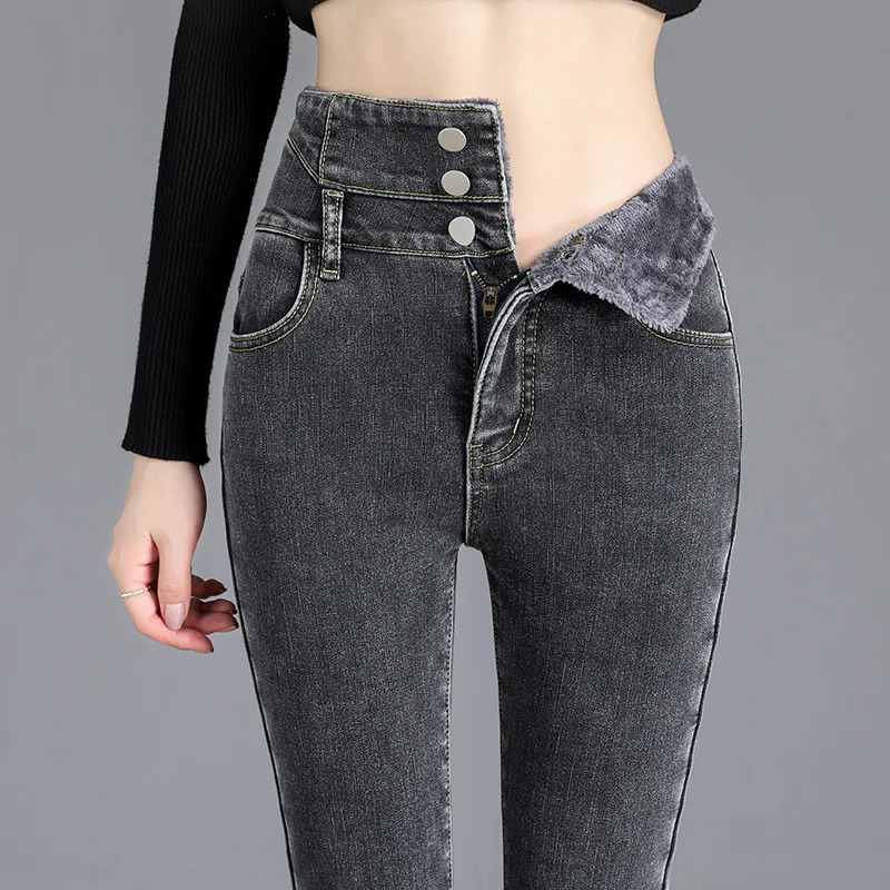 Winter Thick Wool High Waist Warm Tight Jeans Thick Womens Elastic Button Pencil Pants Mom Casual Velvet Jeans 241122