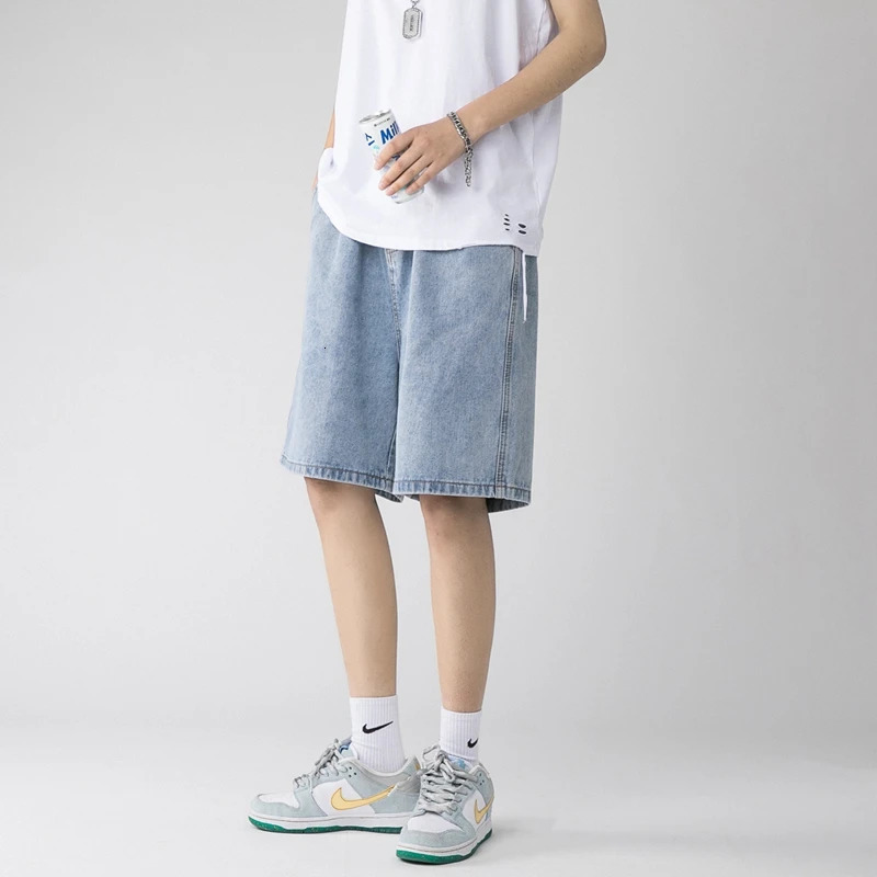 Summer Mens Baggy Straight Denim Shorts Korean Style Fashion Casual Loose Short Jeans Male Light Blue Black 240415