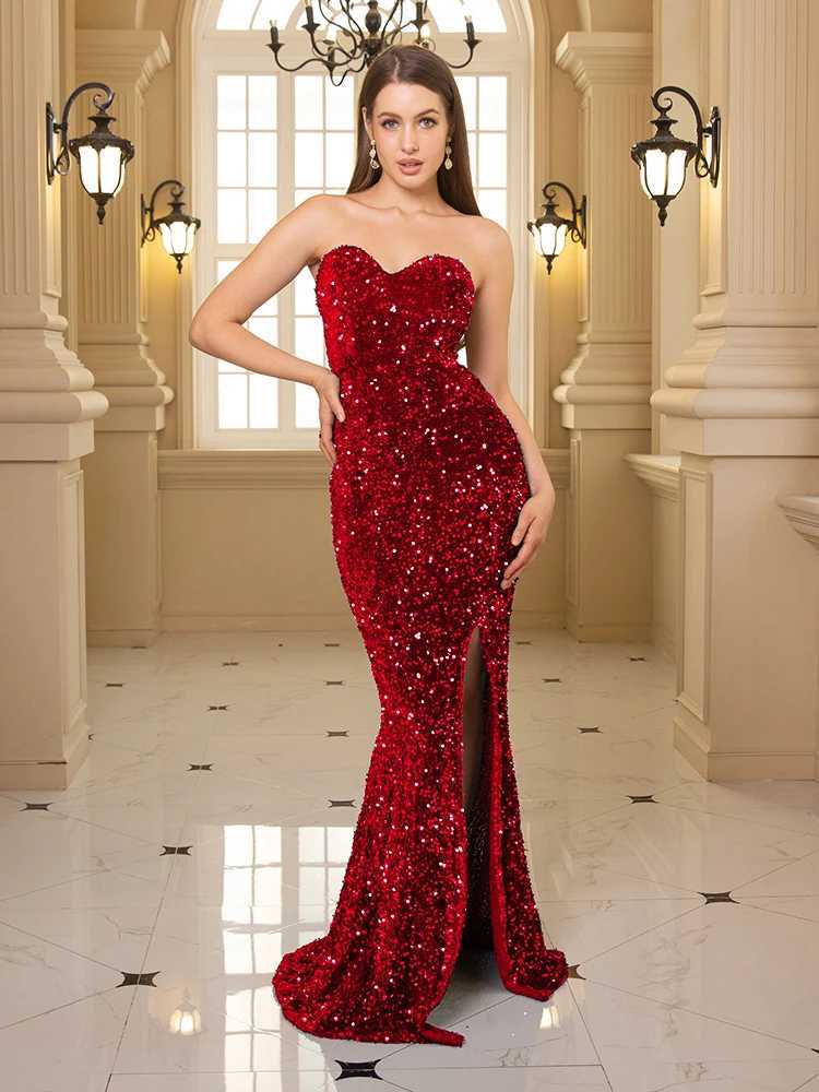 Runway Dresses Sexy Strapless Sequin Floor Length Party Dress Front Slit Backless Padded Bodycon Mermaid Maxi Dress Red Black Y240426