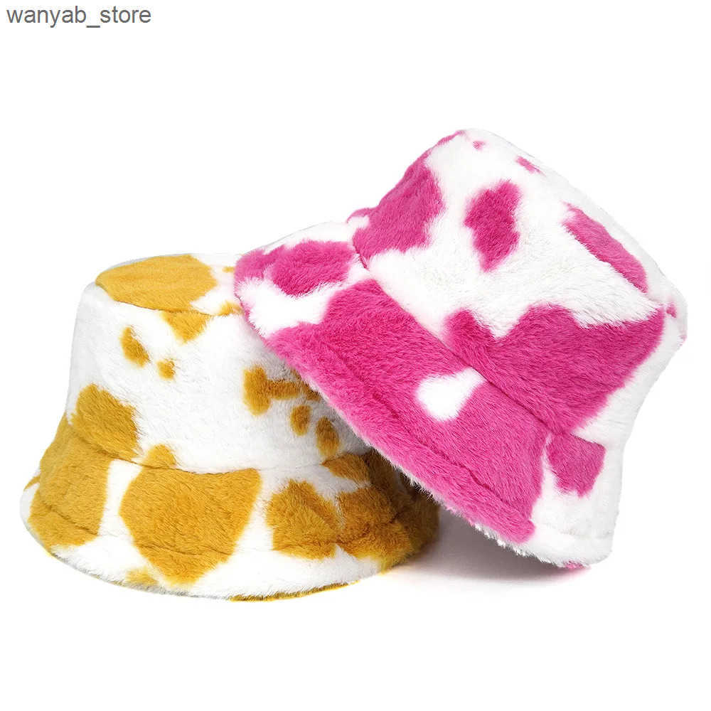Wide Brim Hats Bucket 2024 Winter New Fluffy Hat Mens Fashion Warm Unisex Fisherman Womens Leisure Print Basin Cap L240910