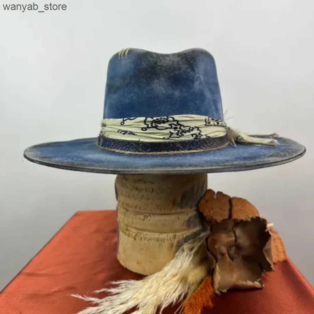 Wide Brim Hats Bucket Hats Ethnic style hats with worn out woven straps pure wool felt hats outdoor fashionable wool hats L240910
