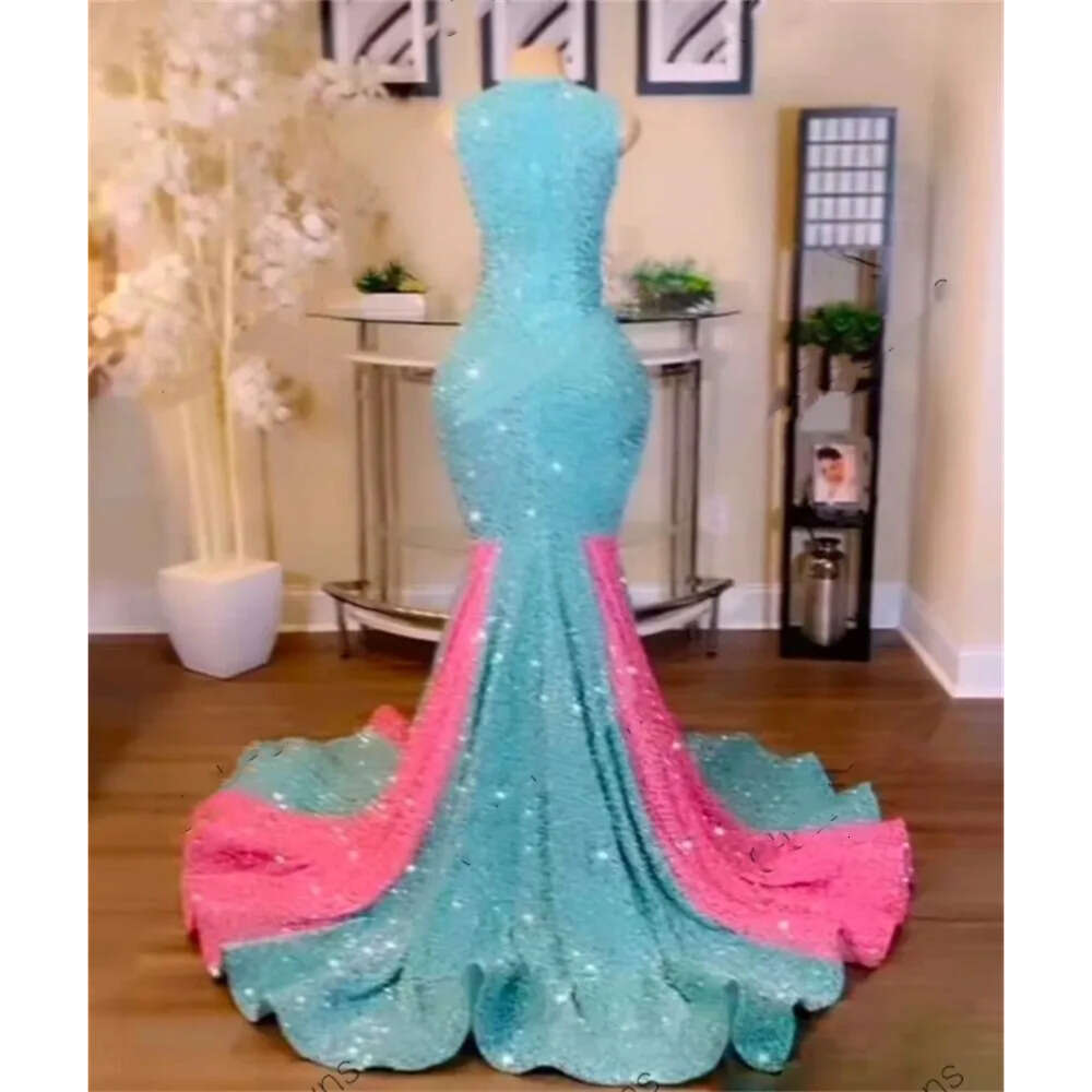 Prom Sequins Long Pink Blue Dress For Black Girls Sheer O Neck Beaded Crystal Birthday Party Gown Green Sequined Evening Dresses Mermaid Es Es