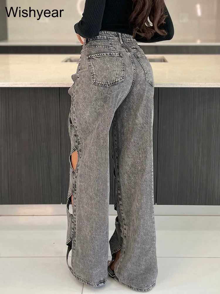 Women's Jeans Fashionable mens elastic cross hollow loose denim womens cargo pants sexy high waisted straight pocket jeans for girls Trouthers H2