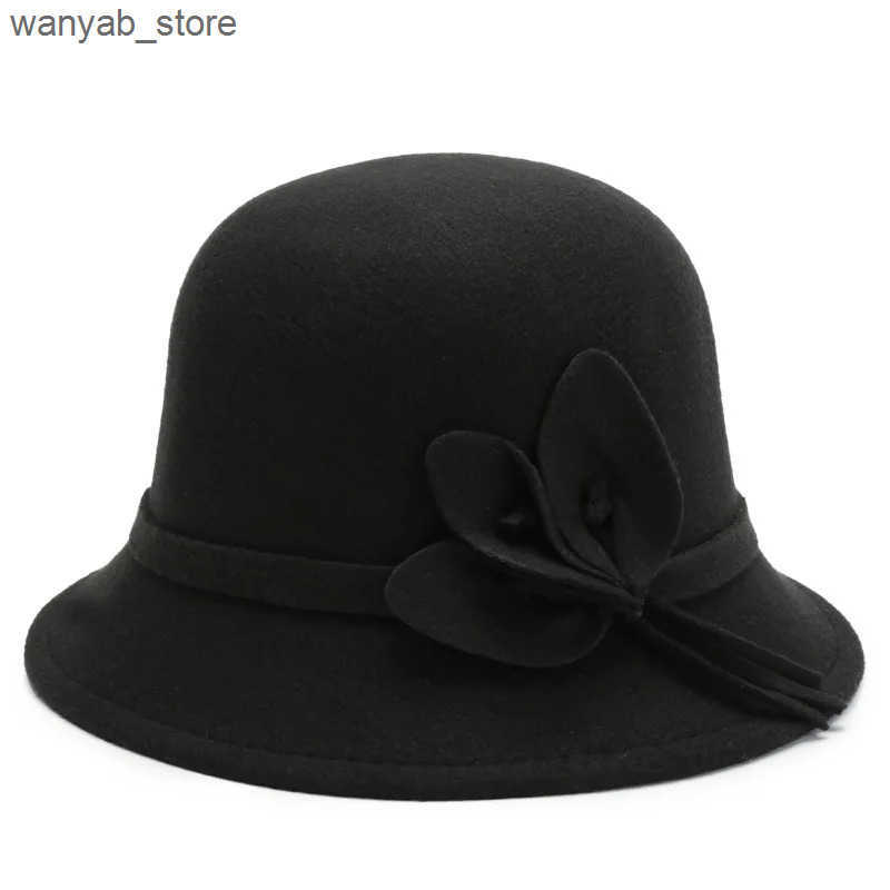 Wide Brim Hats Bucket Hats Elegant Wool Boater Flat Top Hat For Women Autumn Winter Woolen Jazz Cap Wide Brim Fedora Hat Classic Bowler Gambler Top Ha