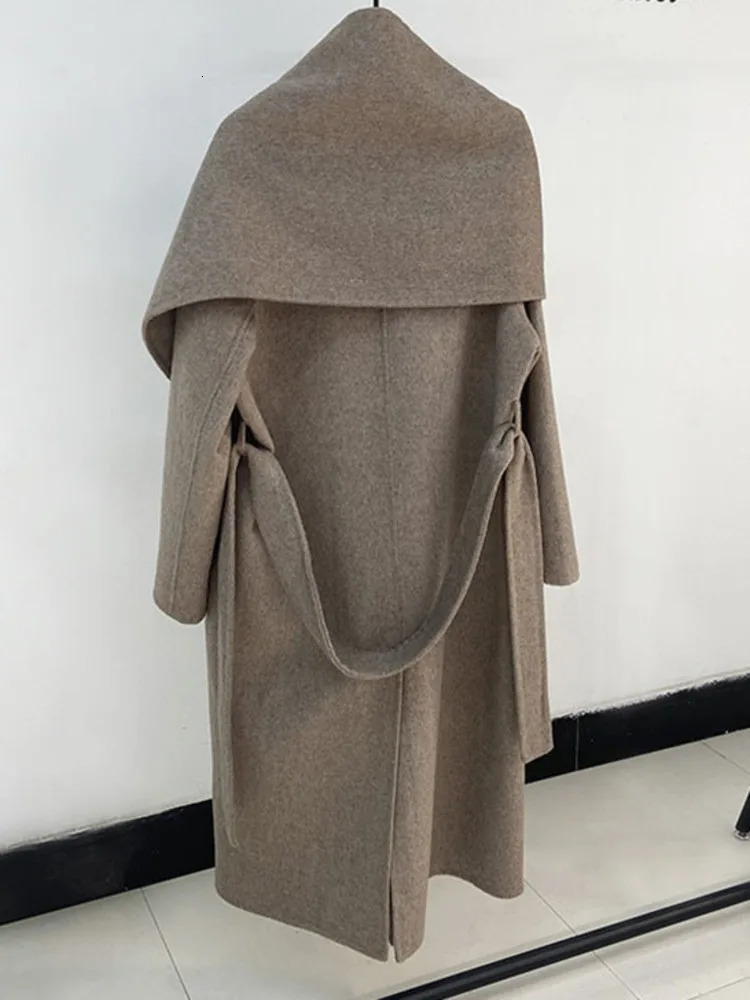 LANMREM Shawl Scarf Collar Wool Coat For Women Doublebreasted Solid Color Doublesided Woolen Belt Coats Winter 2R4921 241129