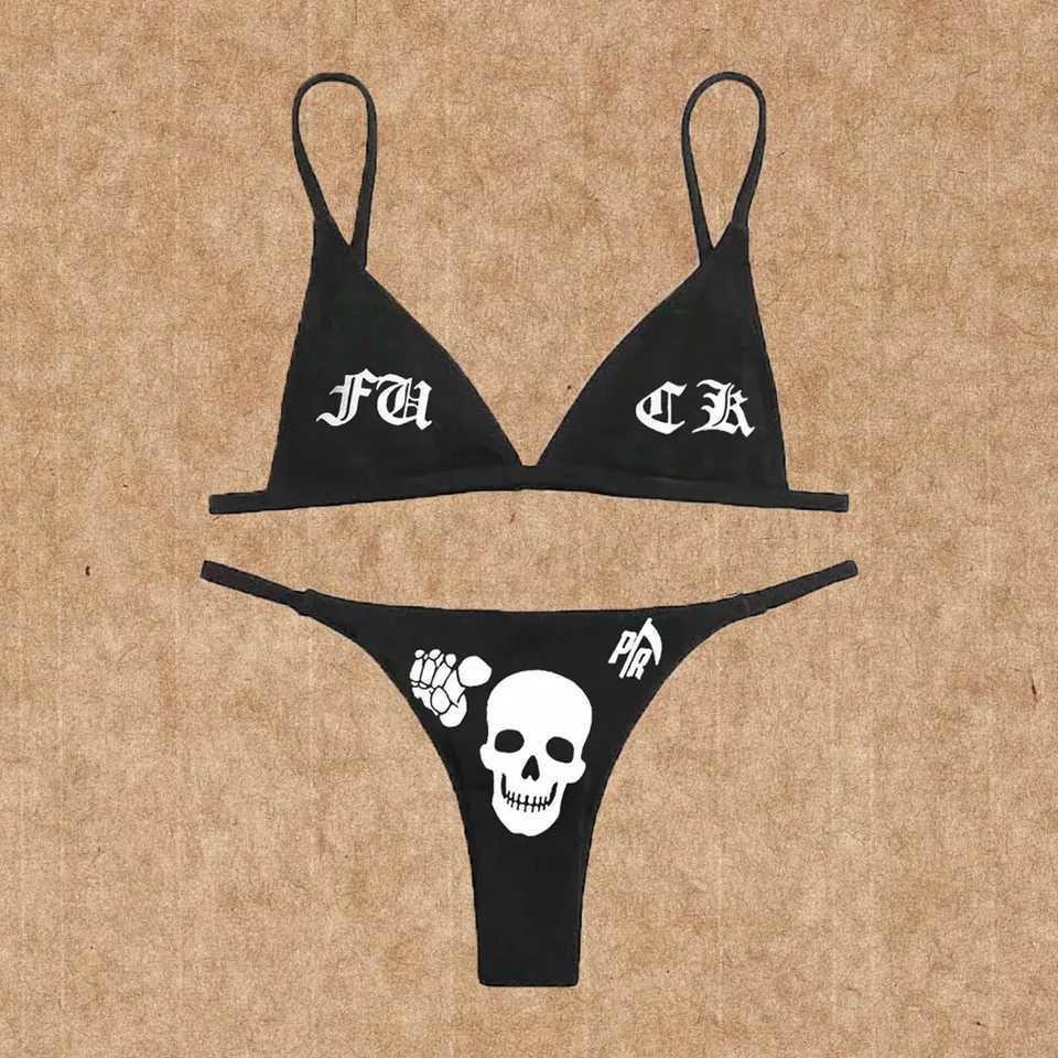 Women's Swimwear New black and white sexy gothic Emo womens two-piece skull print bikini set split swimsuit H241130