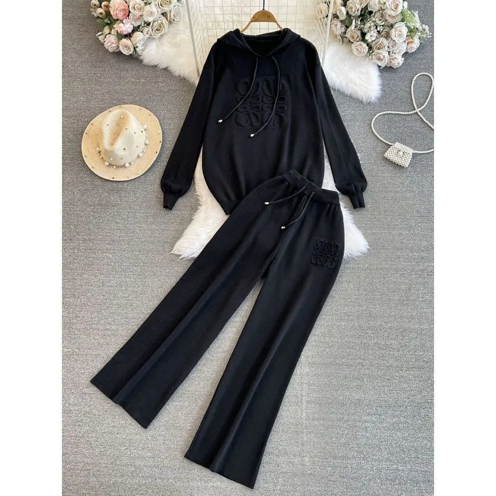Fashion Suit Womens Korean Version Loose Knit Hooded Top Casual High Waist Slimming Straight Leg Wide Pants Twopiece Set 241129
