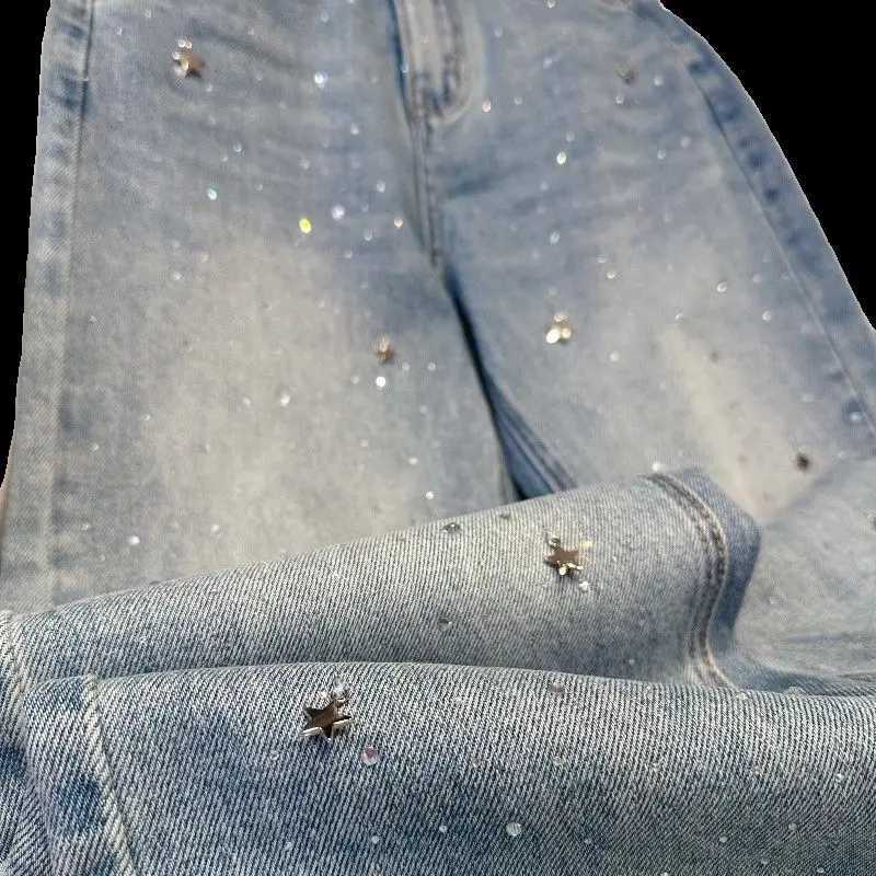 Women's Jeans 2024 Spring New Narrow Straight Jeans for Womens Weight Loss Fashion Matching Rheinstone Womens Jeans H241130