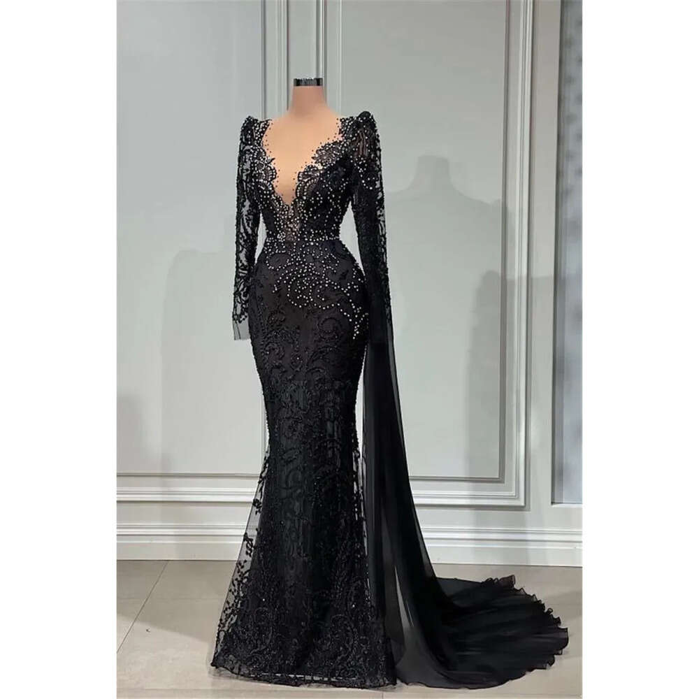 Evening Vintage Mermaid Black Lace Dresses With White Beads Sheer Deep V Neck Long Sleeve Appliques Ocn Party Gowns Prom Vestidos Bc Estidos 6660306