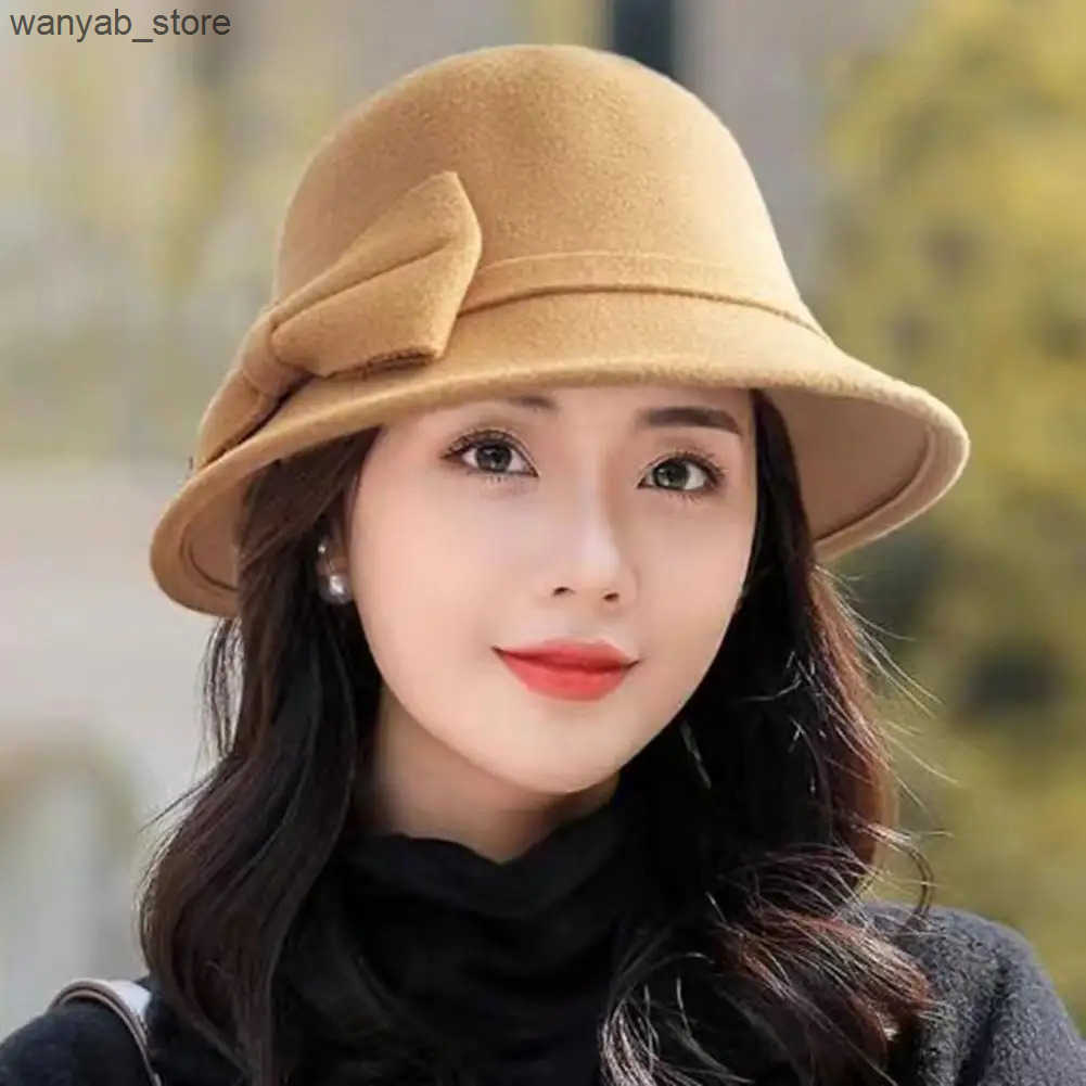 Wide Brim Hats Bucket Hats Women Woolen Hat Solid Color Wide Brim Round Dome Fedora Cap Autumn Winter Elegant Bowknot Decor Felt Hat For Daily Wear L2