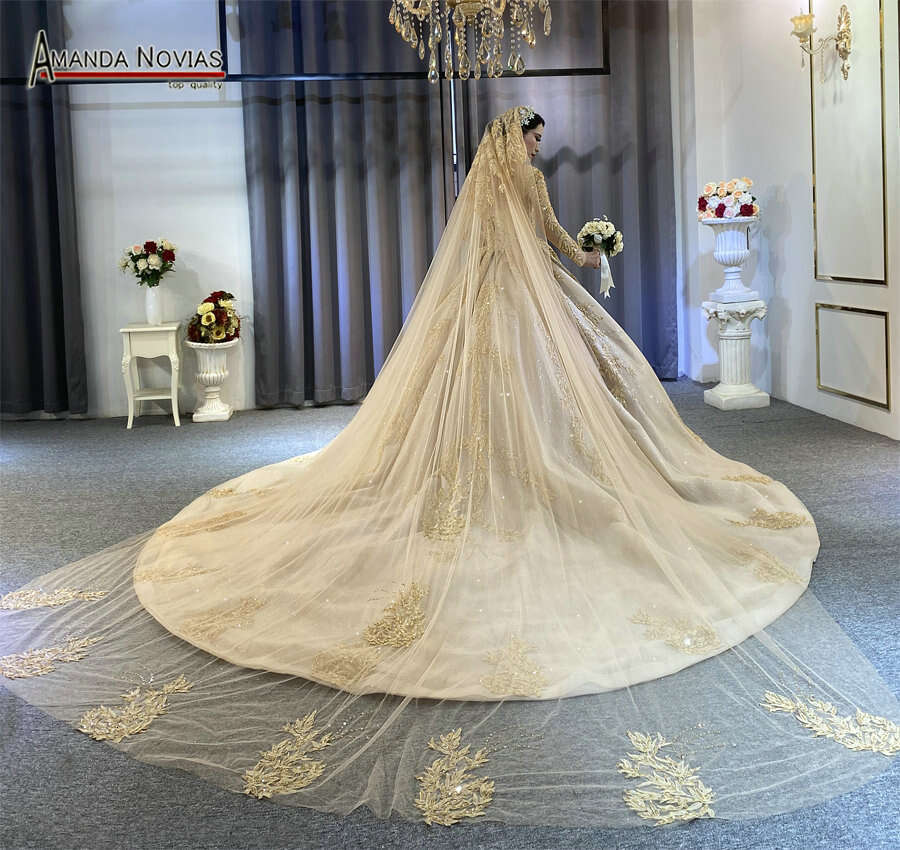 Custom Sleeves Champagne Ball Gown Wedding Dress With Long Train