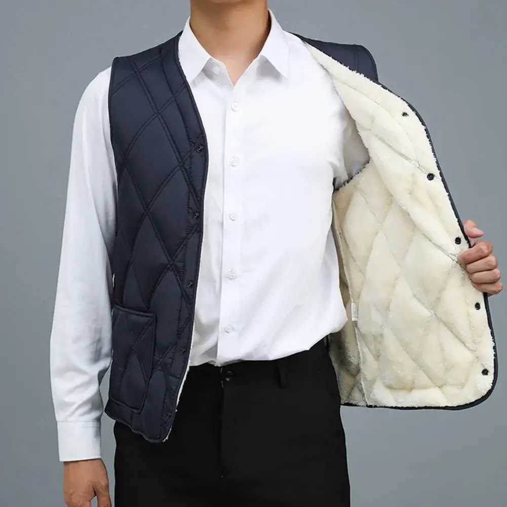 Men's Down Parkas Men Quilted Vest Stylish Mens Velvet Quilted Waistcoat with Plush Lining V-neck Single-breasted Winter Vest for Cold Weather z2