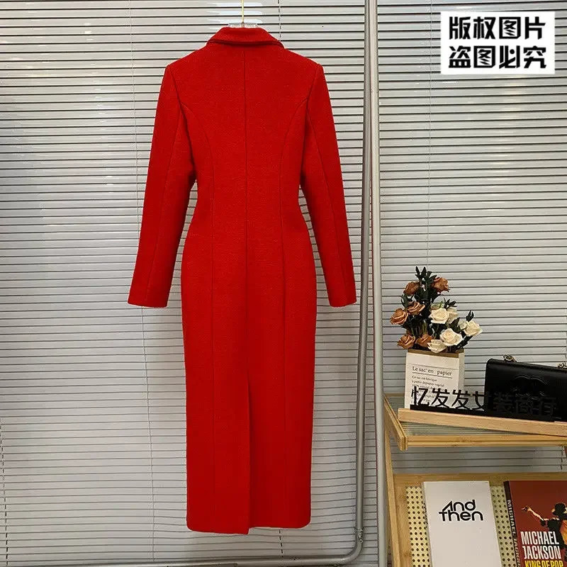 High end Temperament Red Suit Wool Coat Women Winter Clothes Korean Fashion Slim Fit Warm Long Clothing 241129