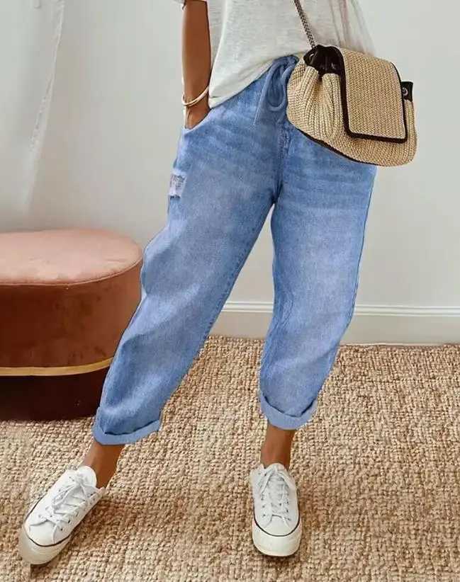 Women's Jeans Womens cropped jeans fashion pocket design Drawstring Versatile womens casual denim jeans Strtwear spring/summer clothing H241130