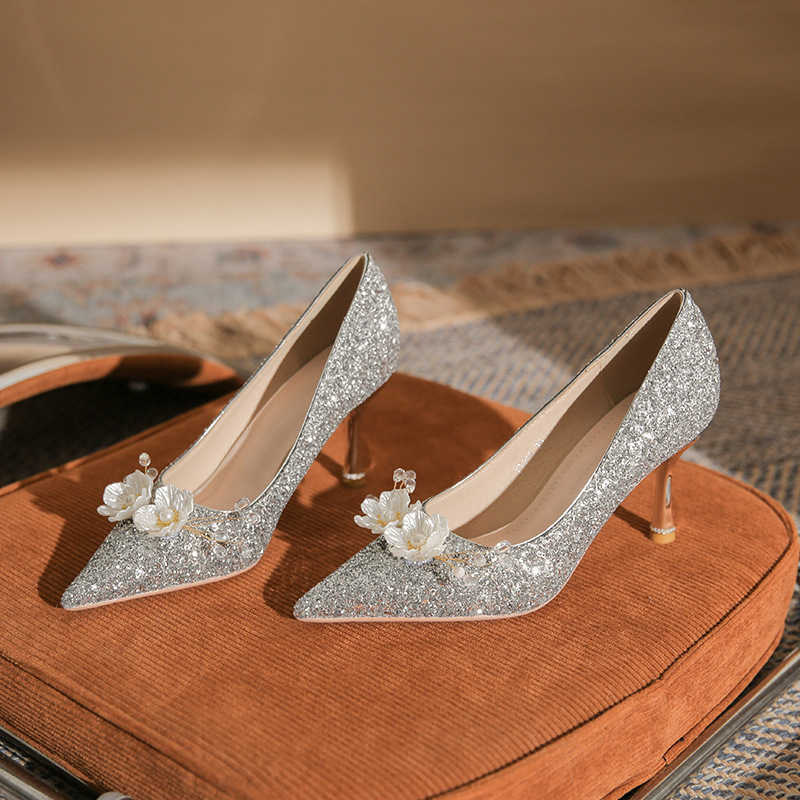Fashion Glitter New Womens High Heels Thin Heels Pointed Wedding Shoes Classic Shoe Flower Versatile Single Shoes