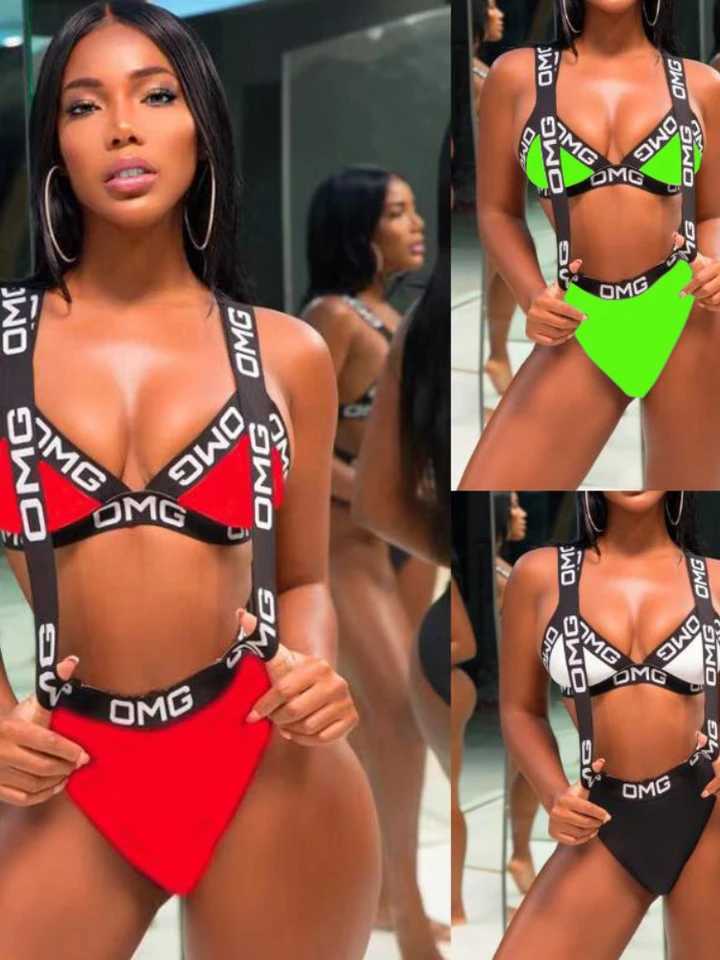 Women's Swimwear 2024 Neon womens swimsuit push up bikini swimsuit high waisted swimsuit OMG letter printed one-piece Monokini beach suit swimsui