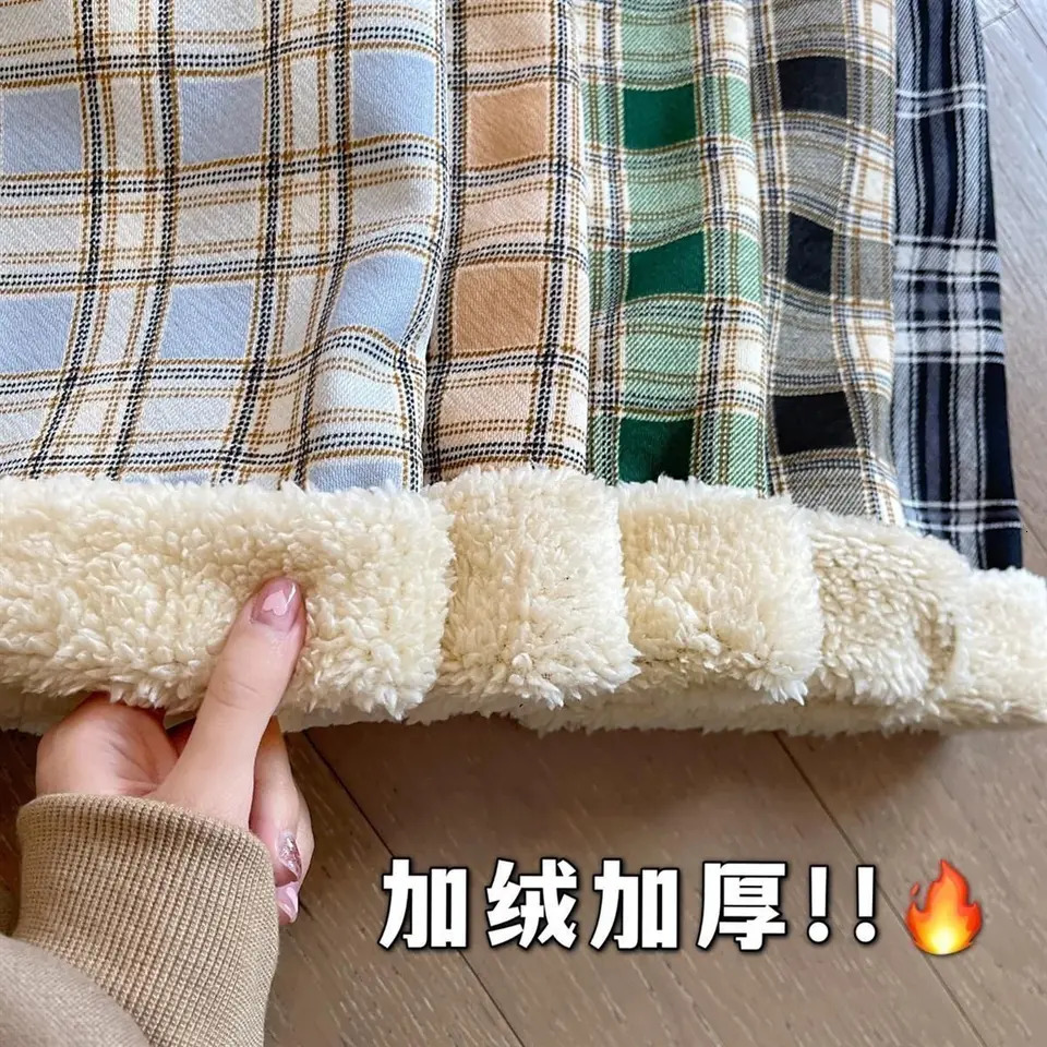 Padded Thickened Wide Leg Pants Winter LambswoolPlaid Female High Waist Casual Straight 241125
