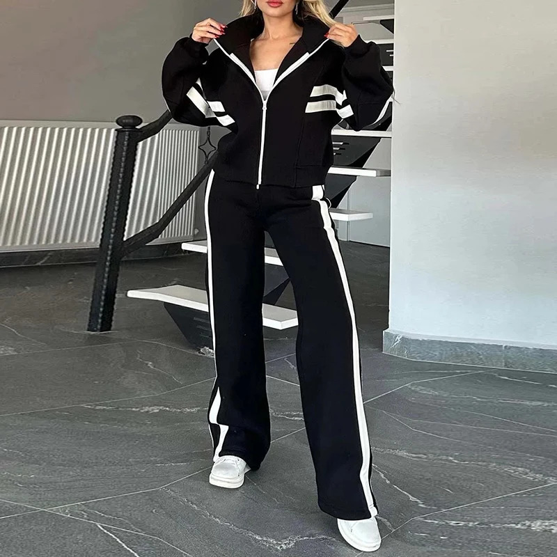 Y2K Two Piece Set Women Fashion Striped Print Lapel Zipper Coat High Waist Pants Outfit Autumn Winter Long Sleeve Suit Tracksuit 241129
