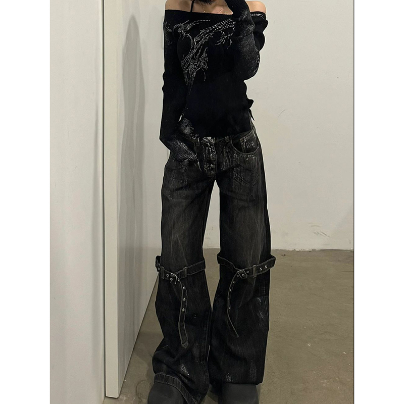 Black Women's Jeans High Waist Hip Hop Straight Fashion Pants Streetwear Haruku Y2k Star 2024 Female Wide Leg Denim Trouser