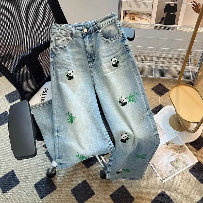 Women's Jeans Embroidered Panda Straight Jeans Female Summer High Waist Design Sense Casual Fashion Temperment Ultra Thin Wide Leg Pants H241130