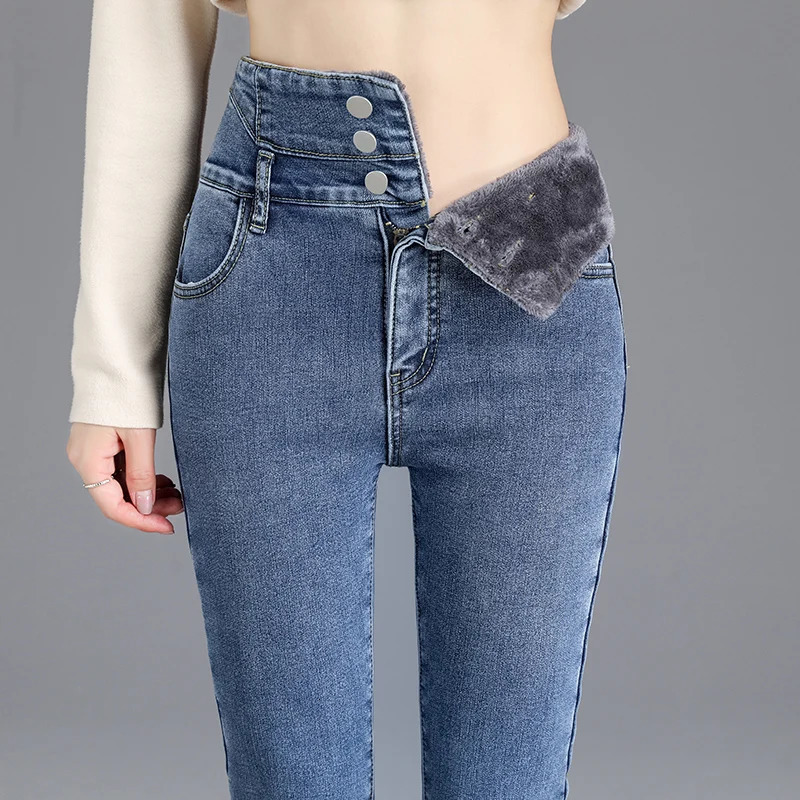 Womens high waisted wool jeans winter item velvet ultra-thin elastic small foot plush pencil denim jeans 241122