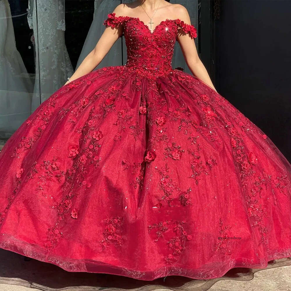 Red 3D Flowers Appliques Lace Quinceanera Dress Ball Gown Off The Shoulder Beading Crystal Pageant Birthday Party Sweet 15 0431