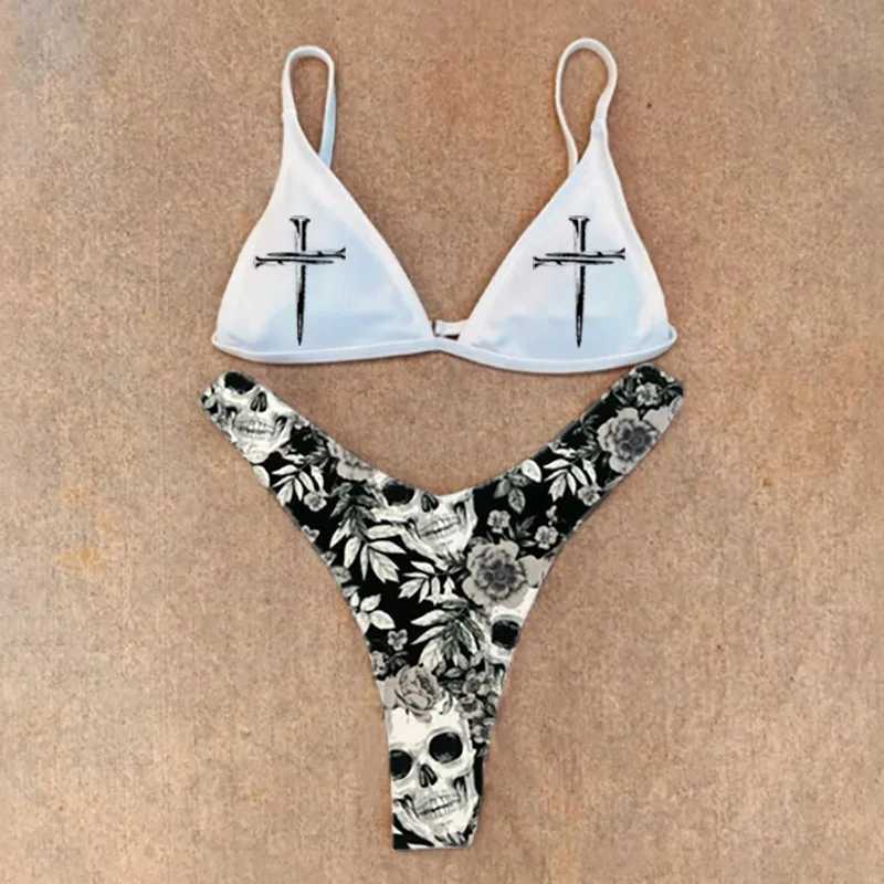 Women's Swimwear New black and white sexy gothic Emo womens two-piece skull print bikini set split swimsuit H241130