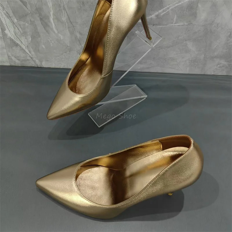 Golden Leather Shallow Shoe 10Cm High Stiletto Heels Pumps Matte Handmade Quality Shoes Big Size 43 for Lady 241126
