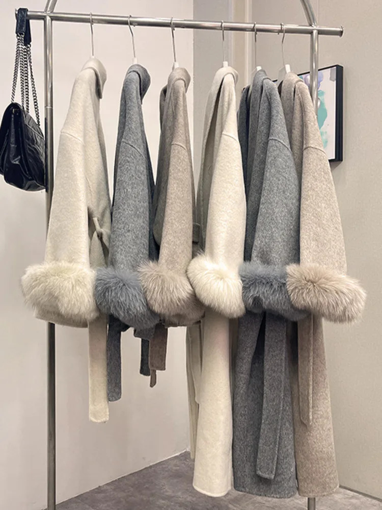 UCXQ Elegant Office Lady Overcoats European Style Faux Fur Coat Womens Clothing Hair Woolen Jacket 2024 Autumn Winter C1496 241129