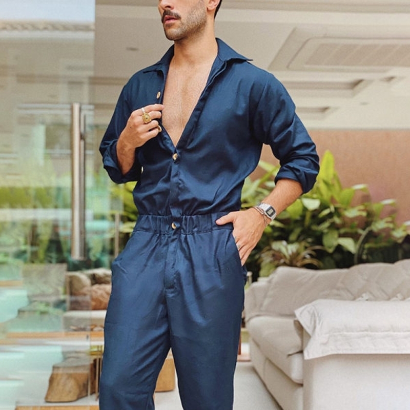 Mens Solid Color Jumpsuit Playsuit Buttons Casual Cargo Clothes Overalls Turn Down Collar Long Sleeve Oversized Waist Pants 241120